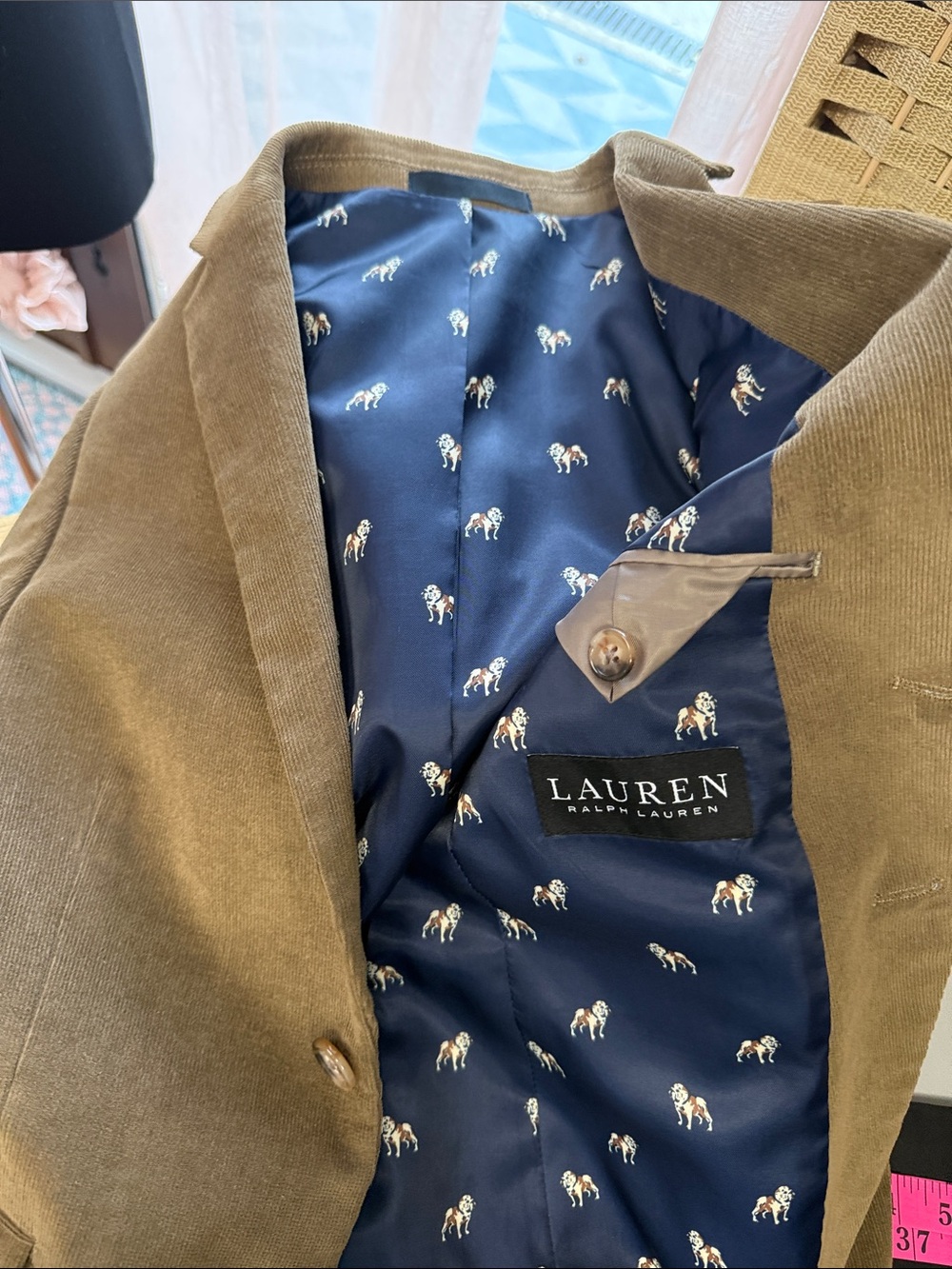 Lauren Ralph Lauren Olive Corduroy Blazer with Navy Horse-Print Lining